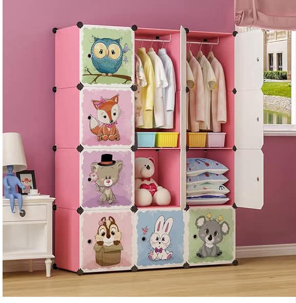 BRIAN & DANY Cartoon Clothes Closet Wardrobe DIY Modular Storage Organizer, Sturdy and Safe for Children, 8 Cubes & 2 Hanging Sections,  110 x 47 x 147 cm