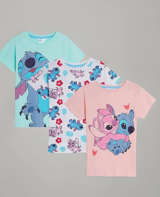 Girls 3 Pack Lilo and Stitch T-Shirts Kids Angel Summer Top Short Sleeve Tees