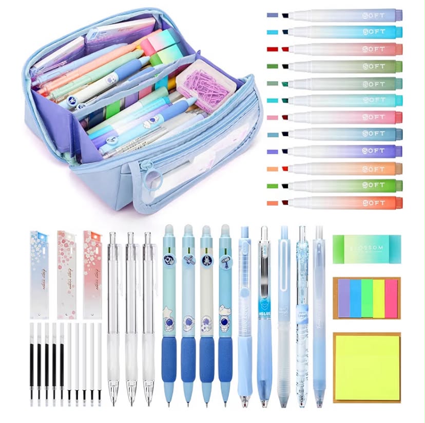 Pencil Case with Stationery Included, 40 Pcs School Stationery Set with 12 Highlighters, 3 Mechanical Pencils, 5 Gel Pens & 4 Erasable Pens, Filled Large Capacity Pencil Case for Girls, Blue