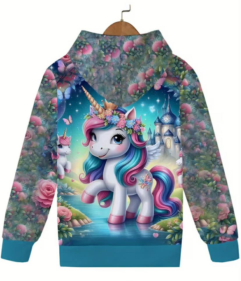 Unicorn and Flower Sea 3D Print Hooded Sweatshirt, Kids' Sport Pullover Outfit, Sweet Cute Street Casual Hoodie, Birthday Party Gift for Girls
