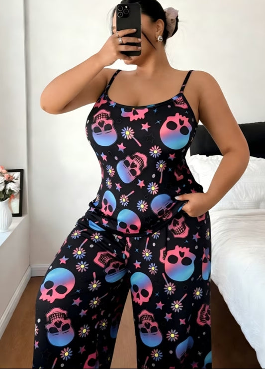 Women's Sexy Black Plus Size Pajama Set Loose Casual Comfortable Soft Pants