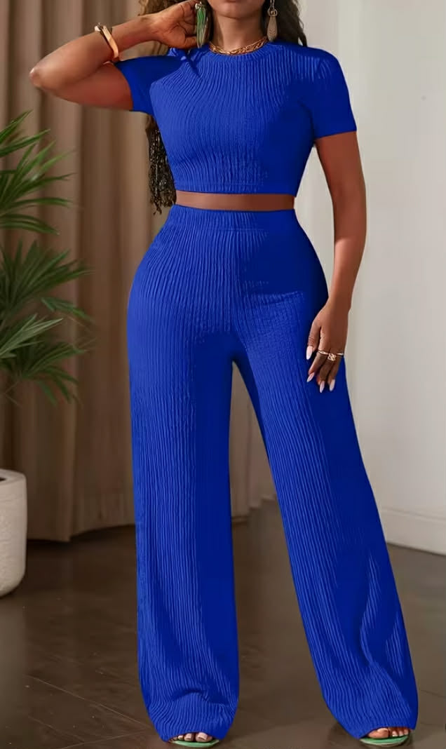 New Solid Color Short-Sleeve Top And Wide-Leg Pants Casual Outfi
