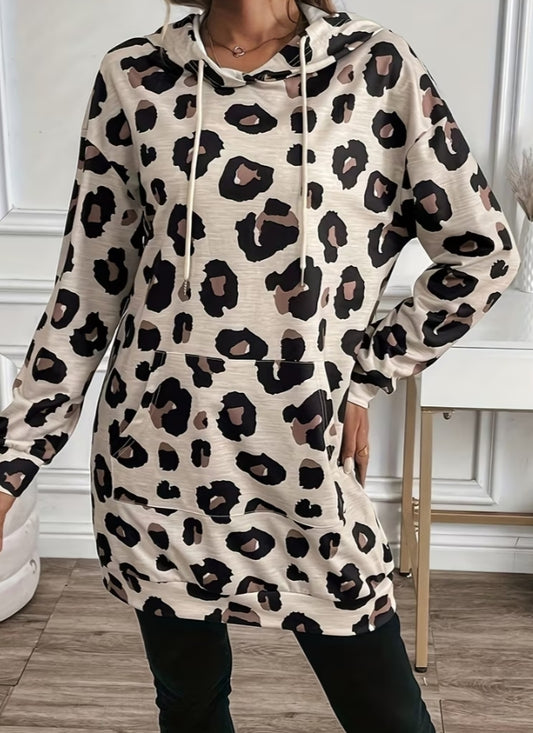Women's Leopard Print Hooded Knit Dress - Casual Long Sleeve with Pockets.
