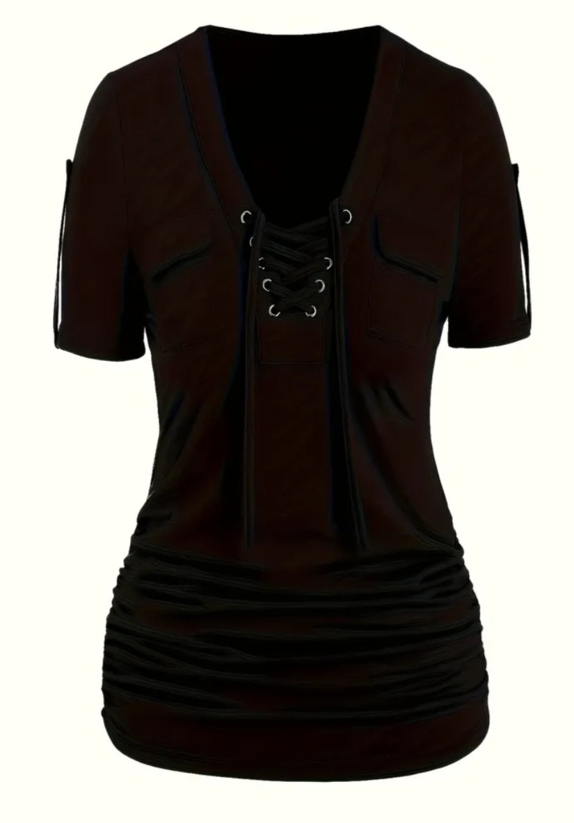 Plus Size -Designed Casual Style Front and Center Eyelet Lace-Up Short Sleeve T-Shirt
