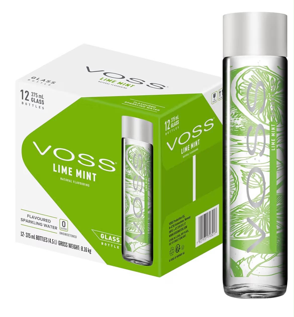 Voss Lemon Cucumber Flavoured Sparkling Water, Pack of 12 x 375ml Original Glass Bottles, Zero Calories, No Sugar, Naturally Sourced