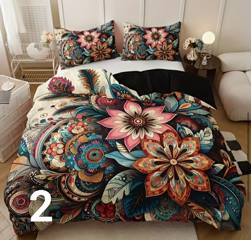 Duvet Cover Set Featuring High-Definition Printed Bohemian Mandala Floral Designs for Home Or Dorm Use.