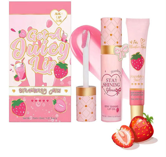 Lip Conditioner & Lip Oil Set - Moisturizing Natural Lip Gloss Set - Lip Balm for Chapped & Dry Lips - Lip Balm Gift Set for Women Girls,Ideal Festival Gift(Strawberry Flavor)