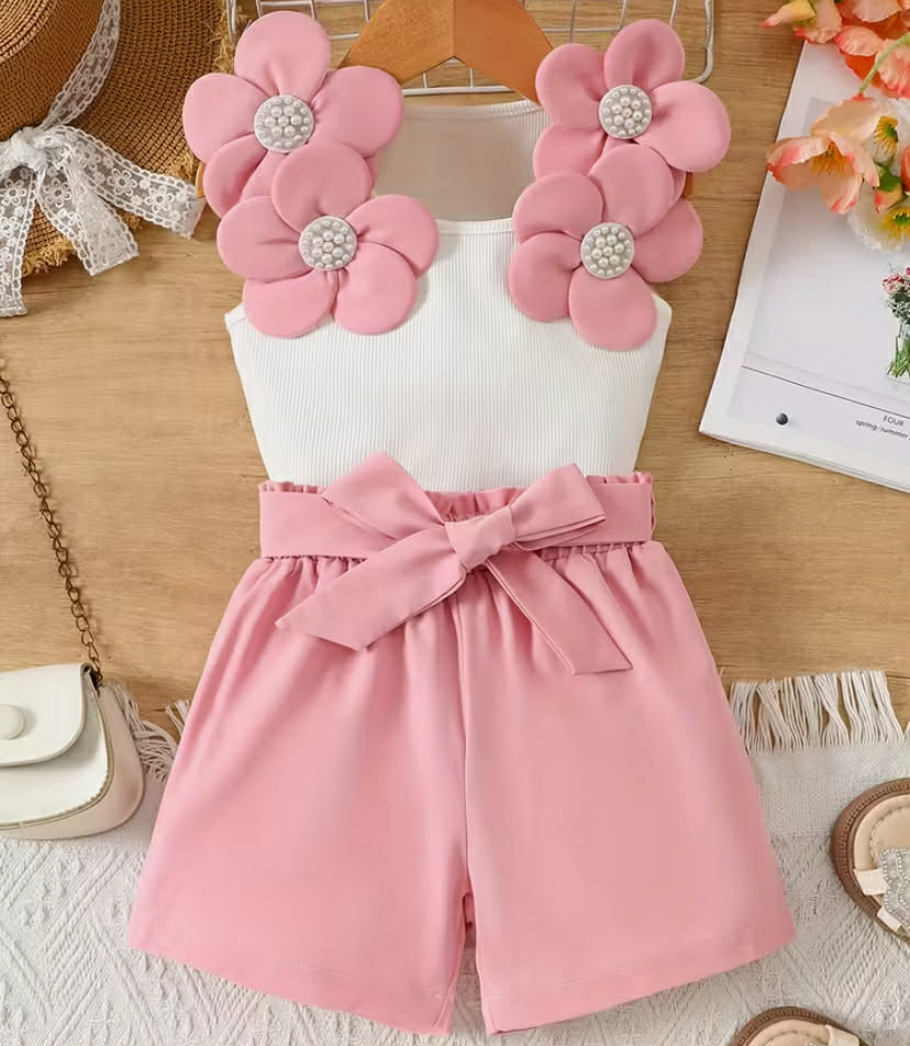 Girl's 2pcs set, floral pearl vest + stylish shorts with bow, casual outdoor sports outfit, Perfect for Outdoor