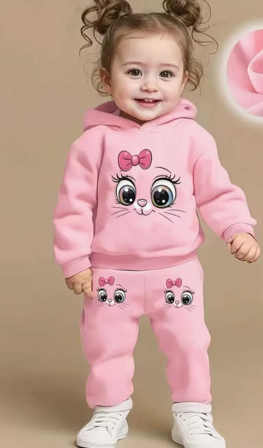 Infant Toddler Fleece Long-Sleeved Cartoon Cat Print Hooded Sweatshirt Plus Pants Casual Sportswear Set for Outdoor