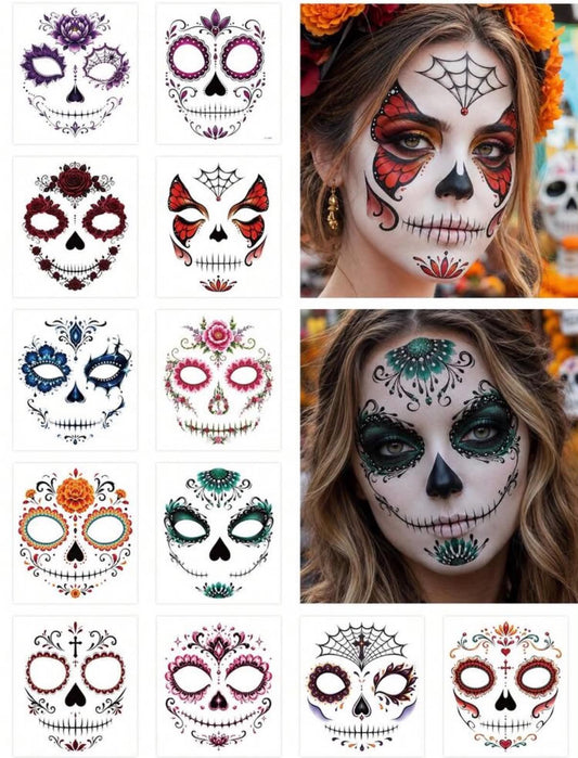 12pcs Day Of The Dead Face Tattoo Stickers, Sugar Skull Catrina Makeup Set, Halloween Mask Temporary Tattoo Stickers,
