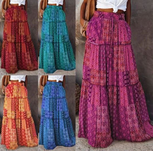 Women Bohemian High Waist Long Skirt Ladies Holiday Swing Baggy Boho Maxi Skirts
