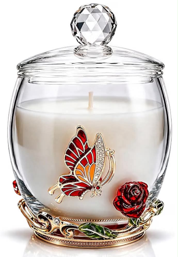 Luxury Scented Candles Gifts for Women - Enamel Butterfly & Blue Rose Decorative Glass Jar with Faceted Crystal Lid, Natural Soy Wax Aromatherapy Candle for Stress Relief
