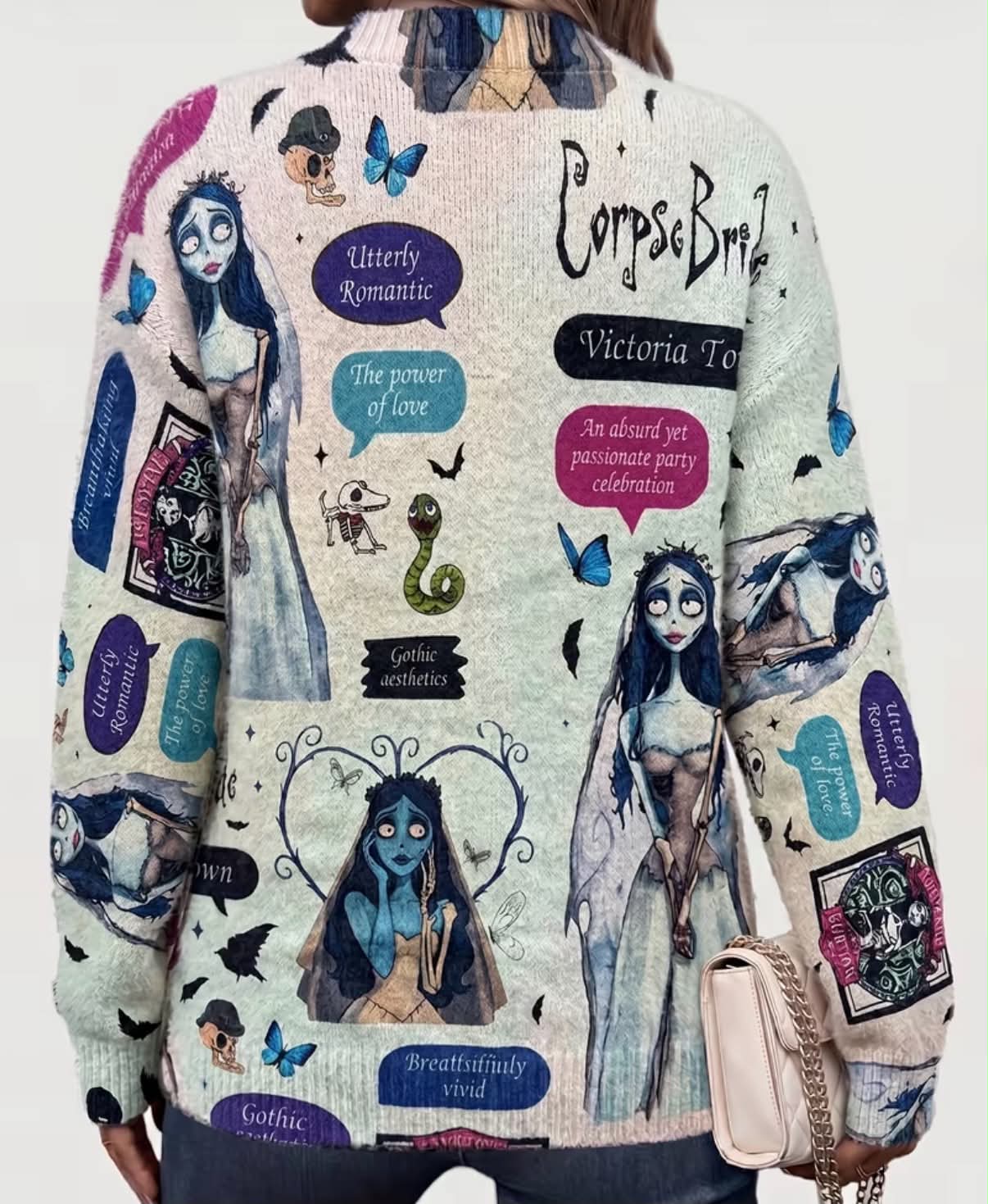 The Nightmare Bride Cartoon Fun Expression And Butterfly Collage Print, Sweet Cool Style Round Neck Cardigan Sweater