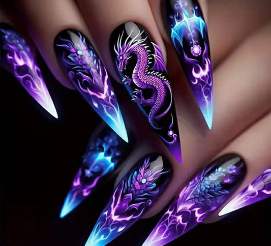 24 pcs set of long pointed nail stickers, blue gradient effect - glossy surface, animal pattern, including a complete set of wearing tools, jelly glue and nail files, easy to apply and remove