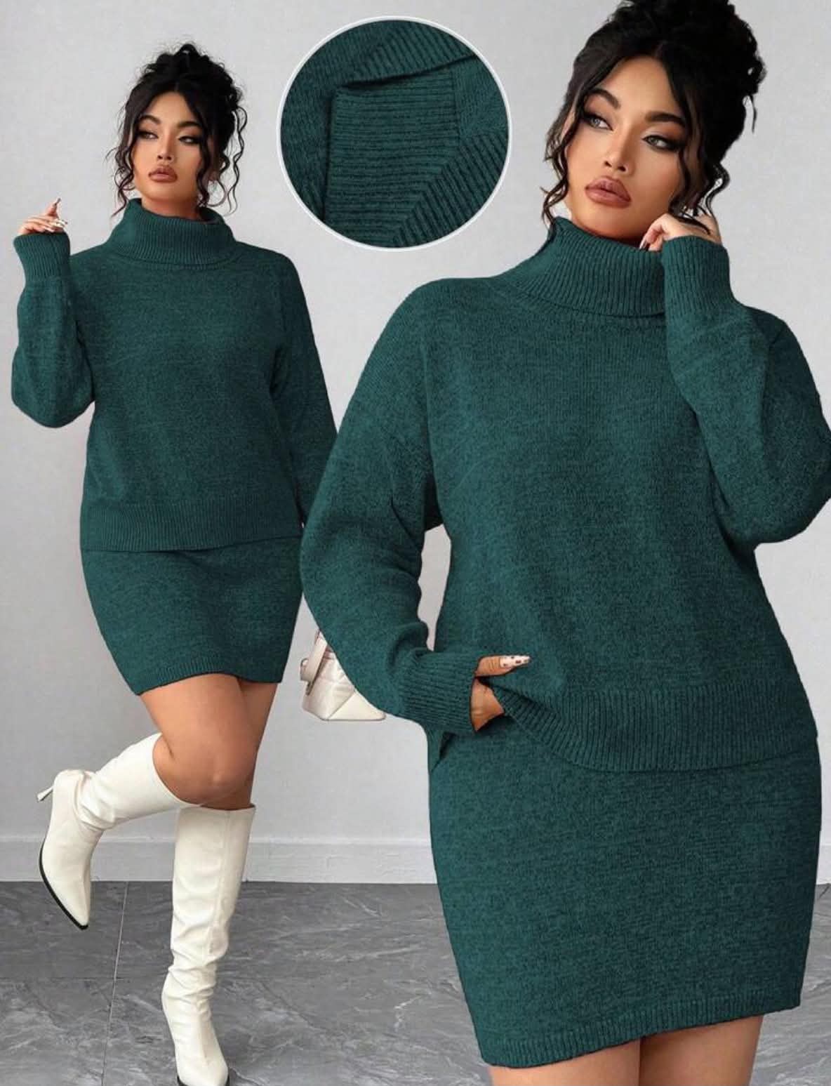 Women 2-Piece Set, Loose Long Sleeve Solid Color Turtleneck Sweater