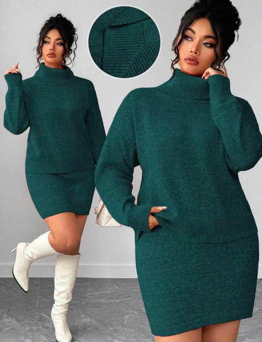 Women 2-Piece Set, Loose Long Sleeve Solid Color Turtleneck Sweater