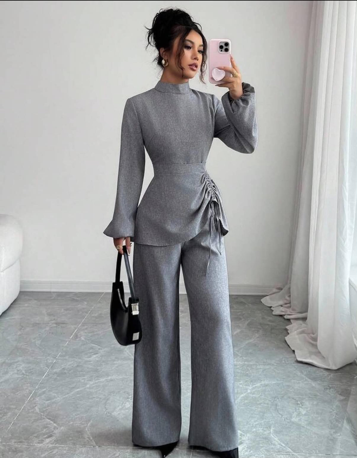 Two Piece Set Plus Size Women's Elegant Grey ,Autumn Everyday Wide Leg Pants Set,Stand Collar Ruched Top & Drawstring Fabric Suit For Office Party Fall
