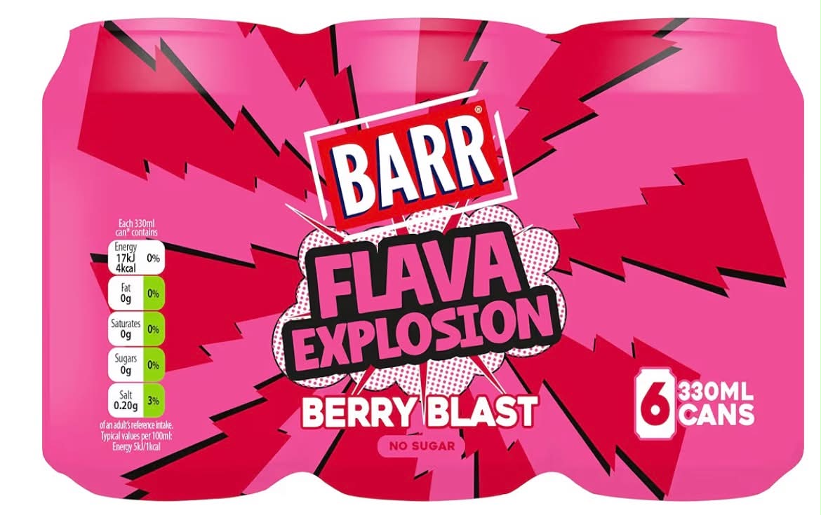 Barr Flava Explosions Berry Blast Sparkling Soft Drink, 6 Pack, 330ml Cans