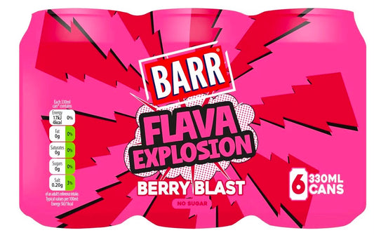 Barr Flava Explosions Berry Blast Sparkling Soft Drink, 6 Pack, 330ml Cans