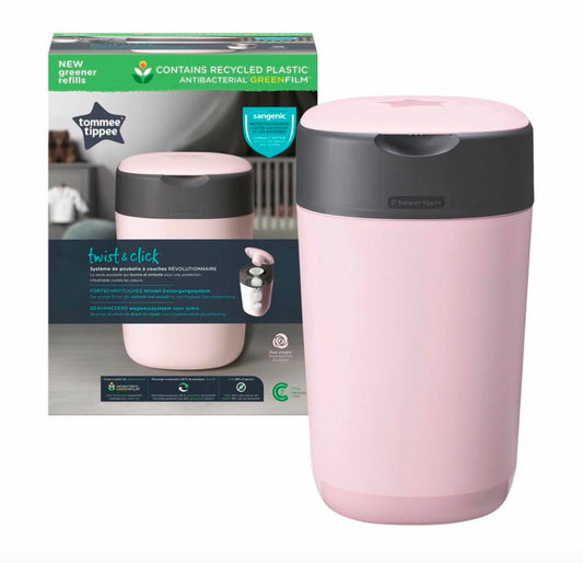 Tommee Tippee Twist and Click Nappy Bin, Includes 1x Refill Cassette with Multilayer, Antibacterial Film, 100 percent Recycled Chassis, Pink
