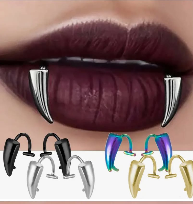 2pcs Sexy Faux Tooth Lip Rings Y2K Gothic-Inspired Faux Tooth Lip Rings - Sexy & Edgy Stainless Steel Body Jewelry for Women, Perfect for Daily Wear or Parties