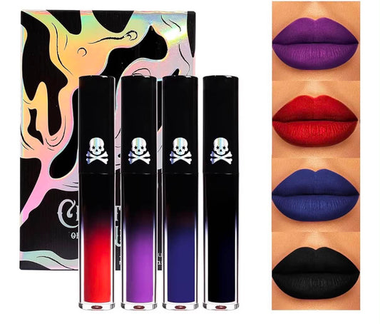 4 PCS Dark Blue Black Purple Matte Liquid Lipstick Set,24 Hour Long Lasting Red Lipgloss,Waterproof Smudge Proof Matte Lip Glaze,Gothic Festive Lip Gloss
