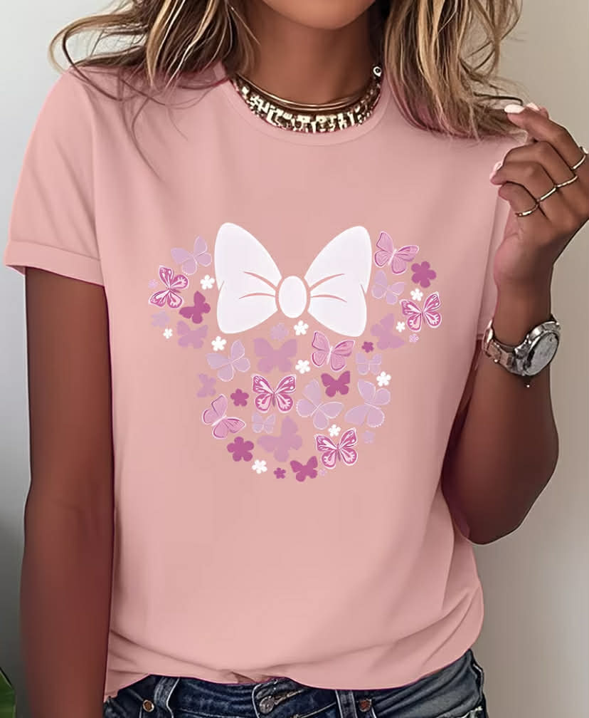 1pc Women'S Floral Butterfly Bow Print T-Shirt, Casual Crew Neck Short Sleeve Top, Fashionable Sports Tee with Medium Stretch Fabric