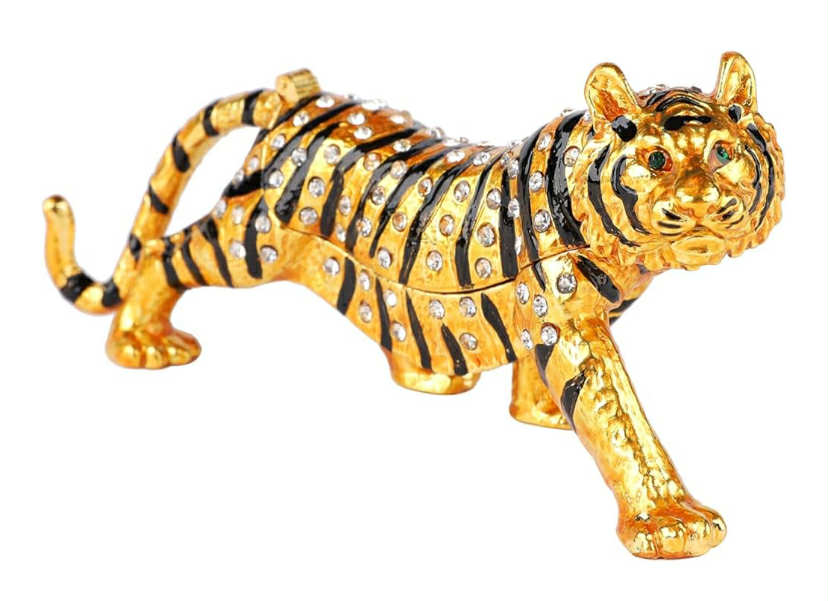 Hand Painted White Tiger Figurine Enamel Trinket Box Hinged, Unique Gift for Family