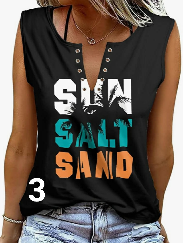 heekpek Women Vest Tops V Neck Casual Summer Tee Tops Sleeveless Cotton Graphic Print Ladies Vests Tank Tops