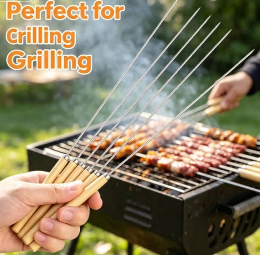 10 pcs Stainless Steel Barbecue Skewers - Multi-Function Metal & Wooden Handle