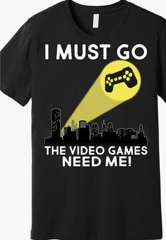 "I Must Go, The Video Games Need Me" Men'S Premium Cotton T-Shirt - Casual Loose Fit, Machine Washable, Black with Yellow Game Controller Graphic