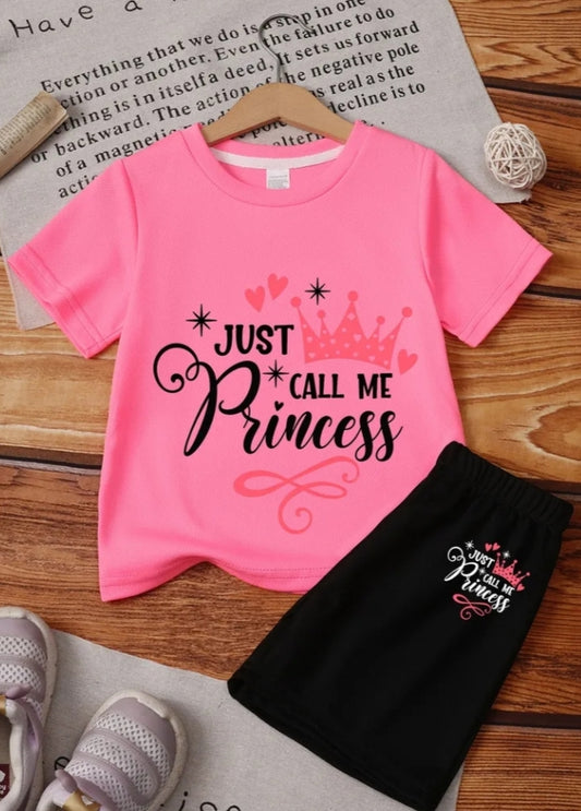 New Girl "Just Call Me" Fun Letter Print T-Shirt and Shorts 2 pcs Set, Round Neck Spliced Short Sleeve Top + Shorts,