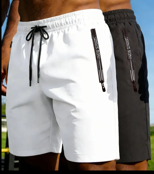 2 pcs Men's Lightweight Quick-Dry Running Shorts - Summer Casual Sportswear, Loose Fit, Zipper with Print Accents, Elastic Waistband, Zippered Pockets, Polyester and Spandex Blend, Plus Size Shorts