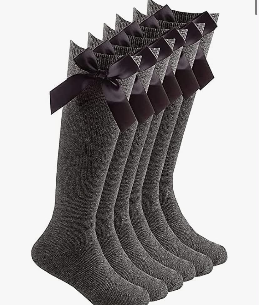 6 Pairs Girls Knee High Socks with Satin Bow Uniform Style with Fluffy Ribbons Back to School Multipack Party Wear Black White Navy Grey