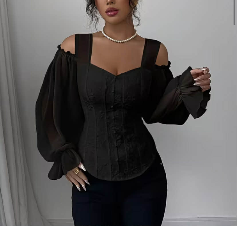 Plus Size - Women'S Fashion Open Design Strappy Floral Jacquard Long Sleeve Elegant Top