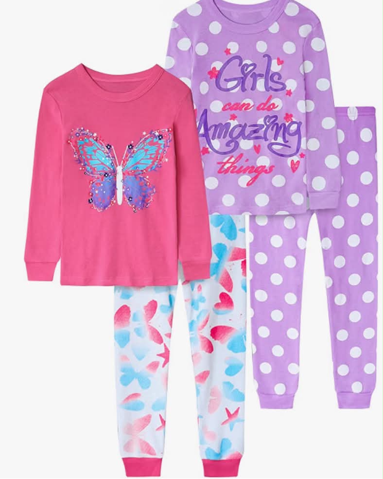 Girls 4-Piece Pyjamas Cotton  Pjs Set Kids