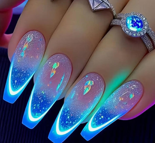 Removable Wearable Nails Iridescent Blue Summer Ice Cool Aesthetic Nail Stickers 24pcs False Nails