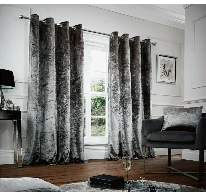 Crushed Velvet Curtains PAIR of Eyelet Ring Top Fully Lined Ready Made Thick