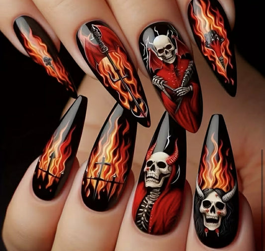 Press-On Nails for Women - Almond Shaped Medium Length Fake Nails with Black & Red Flame Skull Vampire Gothic Design