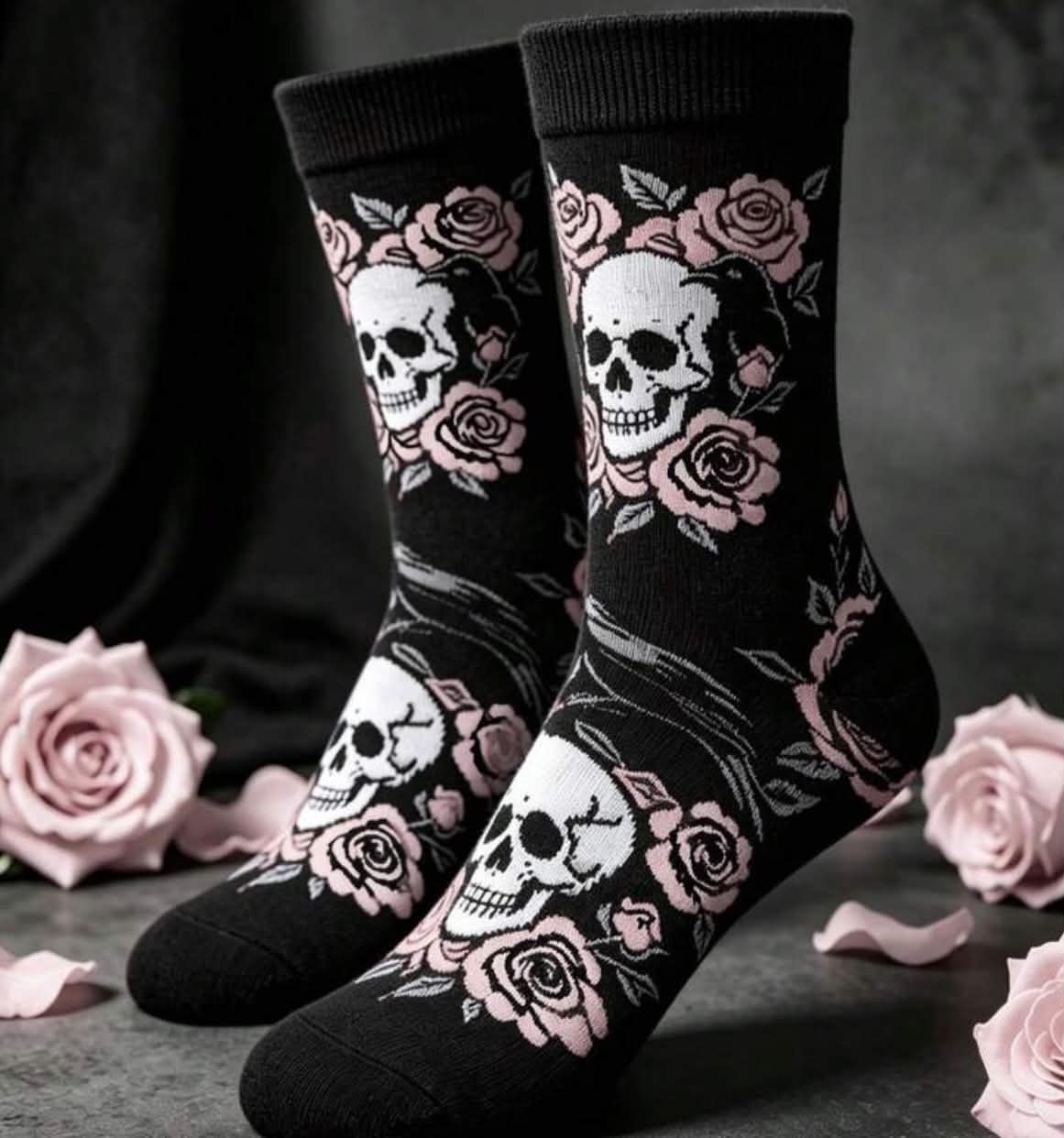 5 Pairs Unisex  Gothic Skull Red Rose Mid-Calf Socks, Dark Jacquard Character Costume Socks,
