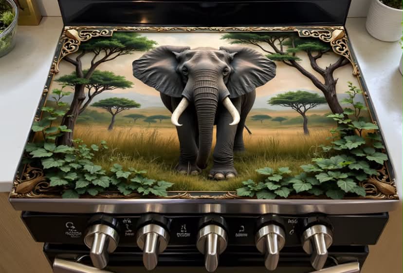 1 pc Heat-Resistant Glass Stove Top Cover with African Elephant Savannah Design in Golden Frame - Dish Drying Ceramic Washer Mat for Electric Cooktops, Oven Cover & Decorative Kitchen Accessory