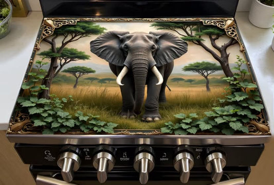 1 pc Heat-Resistant Glass Stove Top Cover with African Elephant Savannah Design in Golden Frame - Dish Drying Ceramic Washer Mat for Electric Cooktops, Oven Cover & Decorative Kitchen Accessory