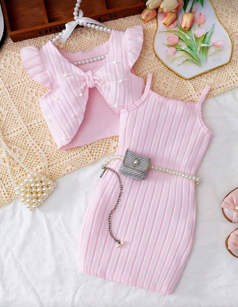 Elladie kids Young Girl  Elegant Knit Dress Set, Lace Sleeveless Crop Top + Suspender Mini Dress, 2 Pieces Spring Outfit