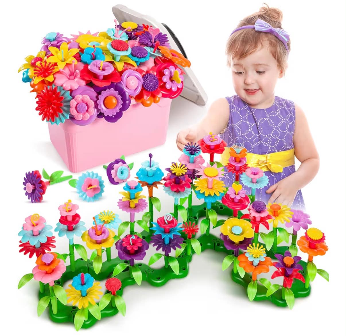 Fivejoy Flower Garden Building Toys for 3 Year Old Girls Boys,  134pcs Flower Building Toy - Floral Arrangement Playset With Suitcase,Building Blocks Set