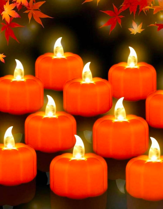 12 Pumpkin Flameless LED Tea Light Candles (Battery Operated), Halloween Pumpkin Tea Lights, Autumn Decor, Harvest Festival Table