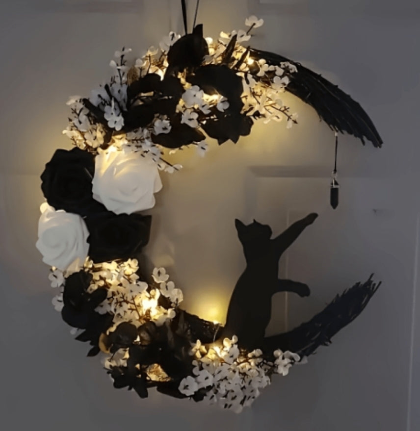 (Black) [Pre-lit Black Cat Wreath Decoration] Boho Black Cat Wreath with Artificial Roses, Holiday Door Decor