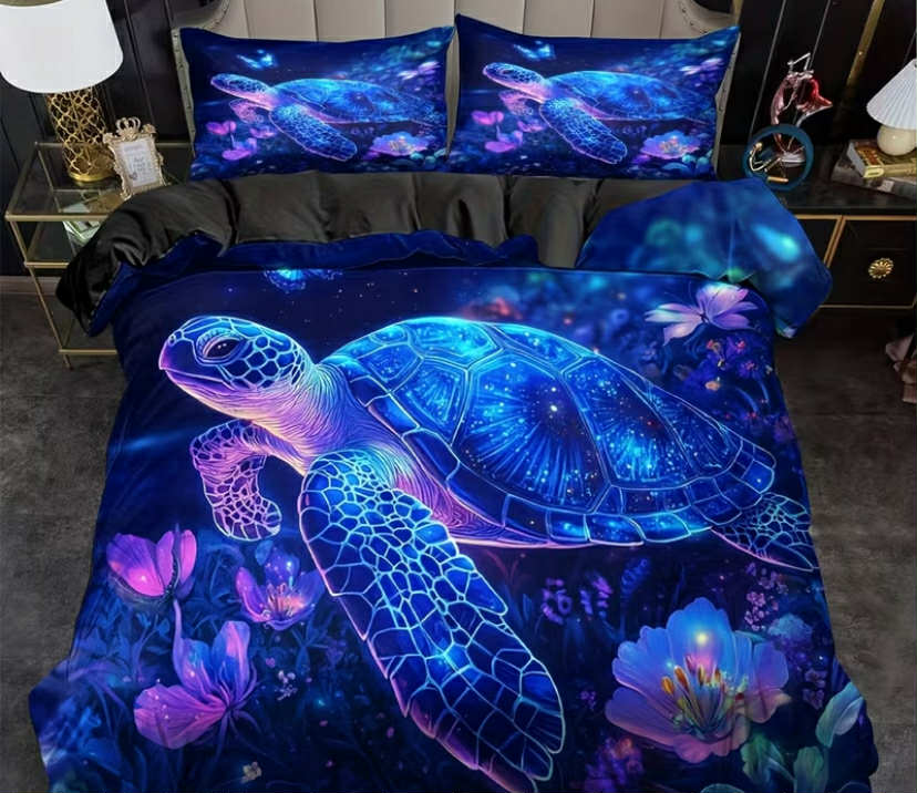 Set of 3 Glowing Turtle Duvet Covers Featuring an Ocean