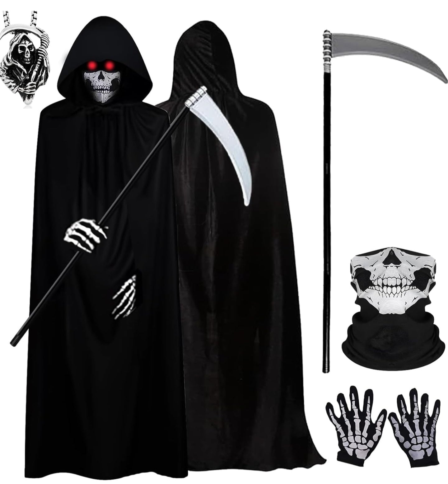 5 Pcs Grim Reaper Costume, Grim Reaper Cloak, Halloween Costumes Black Cloak Hooded Cape Scythe Skeleton Gloves Skeleton Mask Necklace Set for Cosplay Outfits Party Dress for Women Men