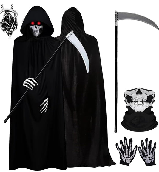 5 Pcs Grim Reaper Costume, Grim Reaper Cloak, Halloween Costumes Black Cloak Hooded Cape Scythe Skeleton Gloves Skeleton Mask Necklace Set for Cosplay Outfits Party Dress for Women Men