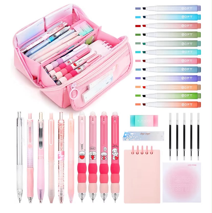 Pencil Case with Stationery Included, 40 Pcs School Stationery Set with 12 Highlighters, 3 Mechanical Pencils, 5 Gel Pens & 4 Erasable Pens, Filled Large Capacity Pencil Case for Girls, Blue